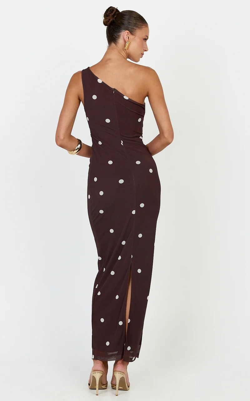 Criselda Maxi Dress - One Shoulder Maxi Dress in Chocolate Polkadot