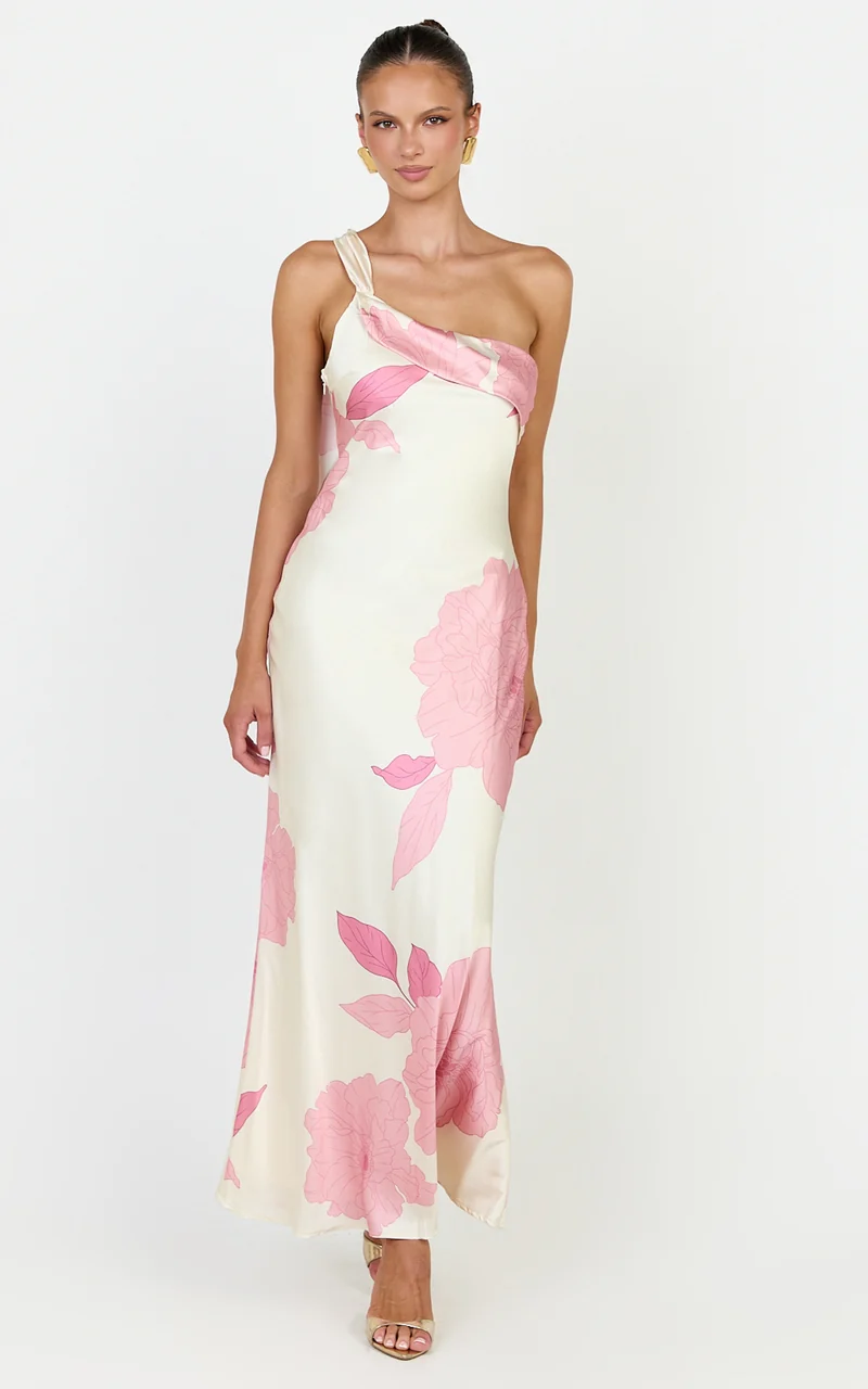 Eve Midi Dress - One Shoulder Slip Dress in Butter Floral