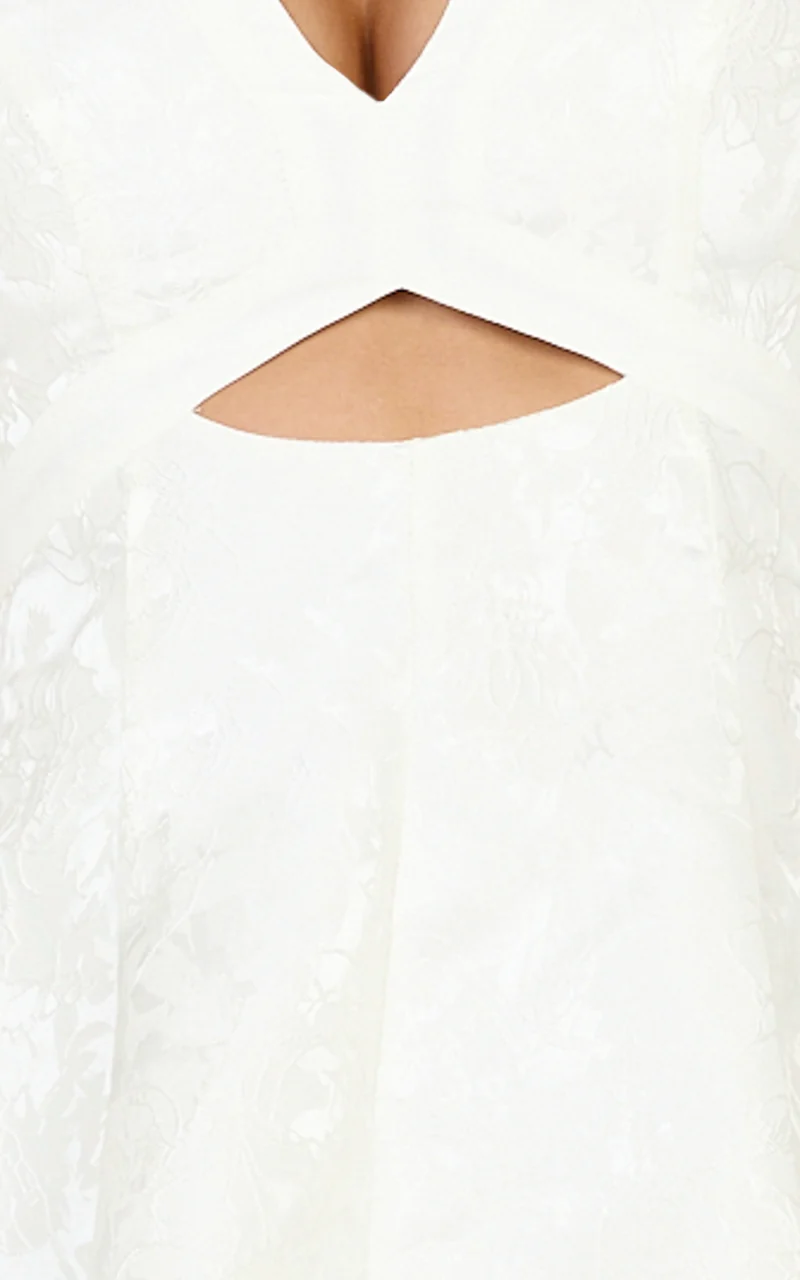 Rosalie Mini Dress - Floral Jacquard V Neck Fit and Flare Dress in White