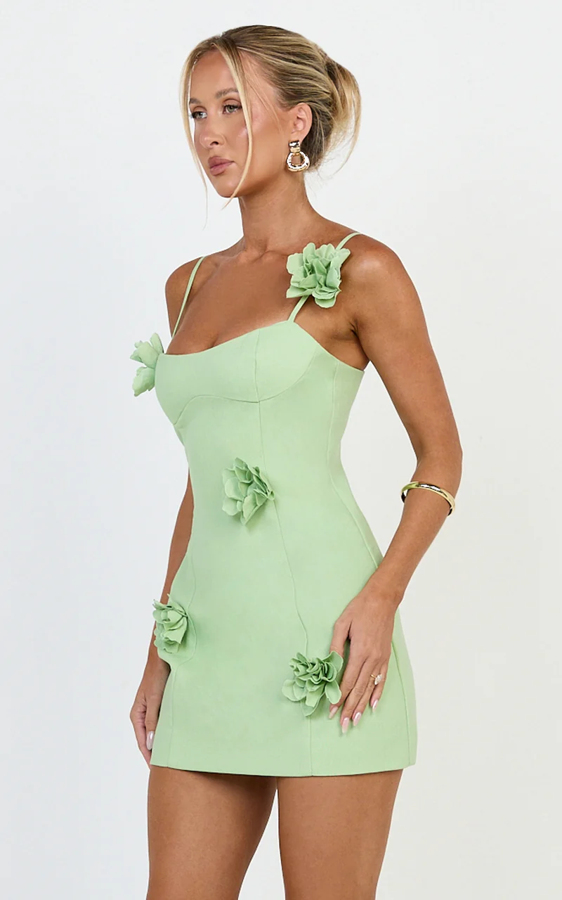 Ondine Mini Dress - 3D Floral Strappy Dress in Apple Green