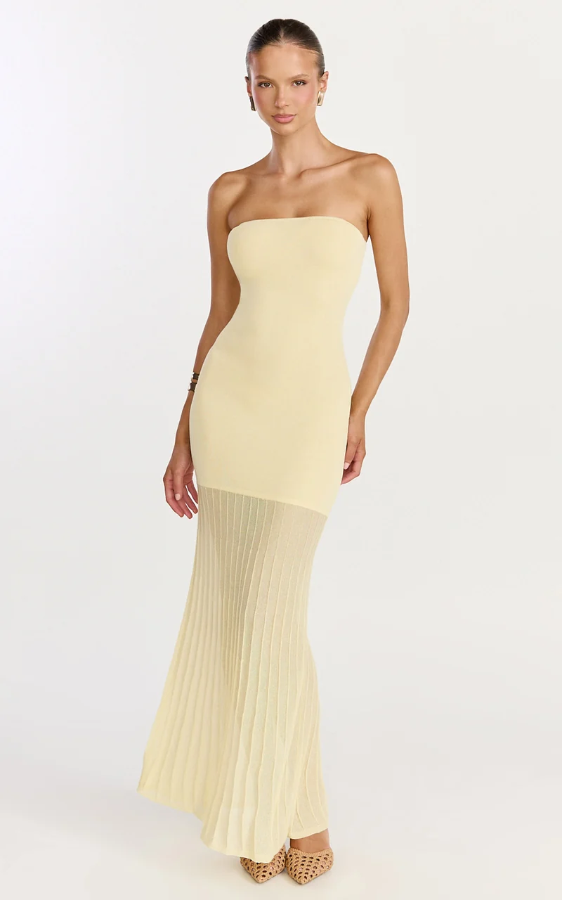 Lucy Maxi Dress - Strapless Pleated Skirt Knitted Dress in Lemon