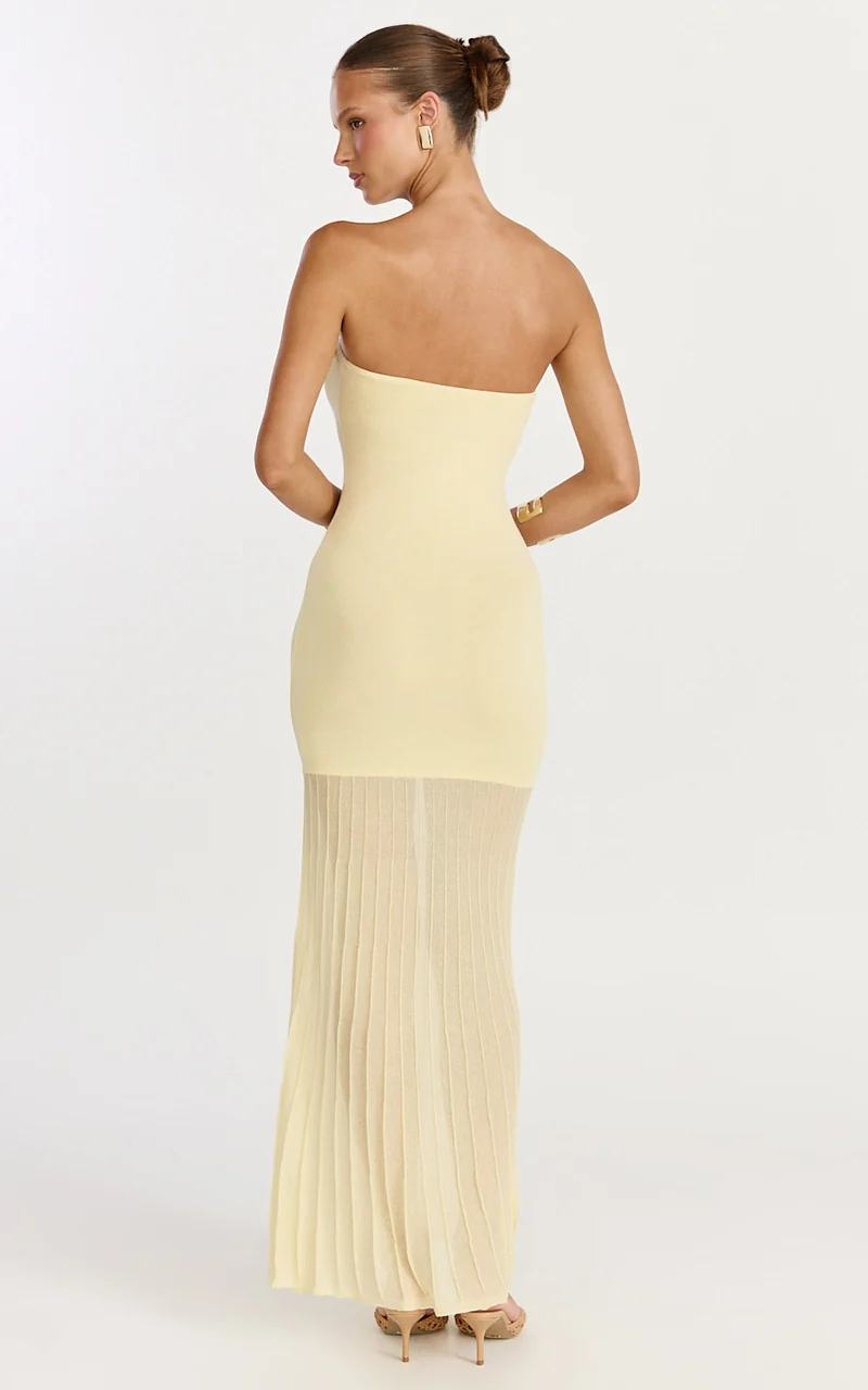 Lucy Maxi Dress - Strapless Pleated Skirt Knitted Dress in Lemon