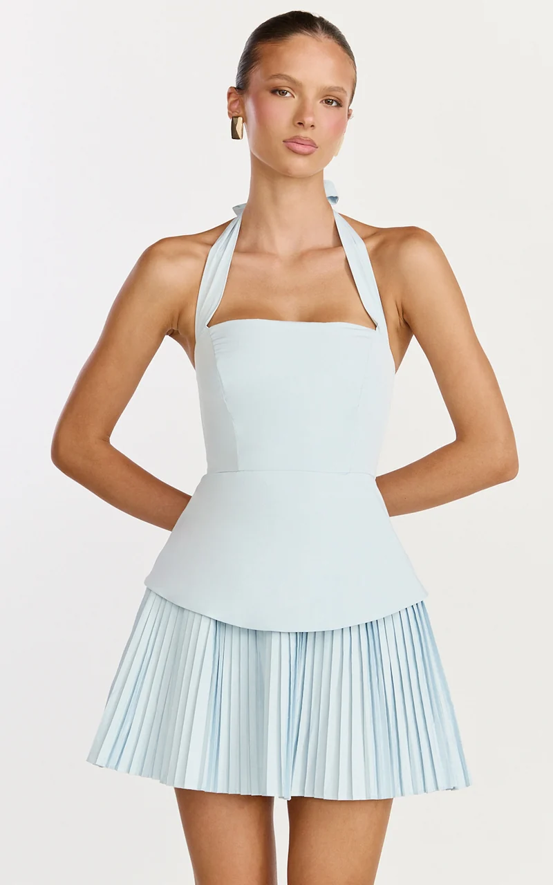 Calla Mini Dress - Halter Neck Peplum Pleated Skirt Dress in Light Blue