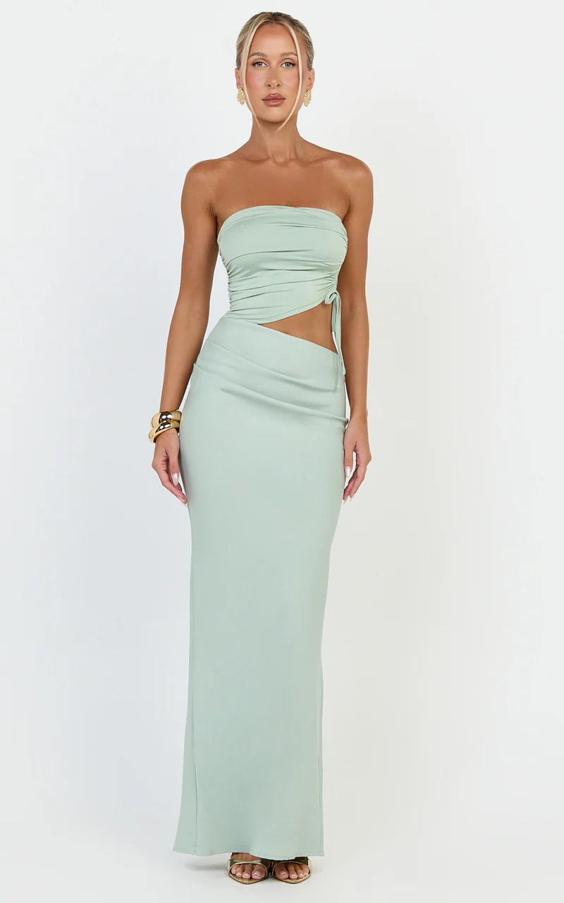 Fergie Maxi Dress - Strapless Side Ruched Cut Out Fitted Dress in Sage