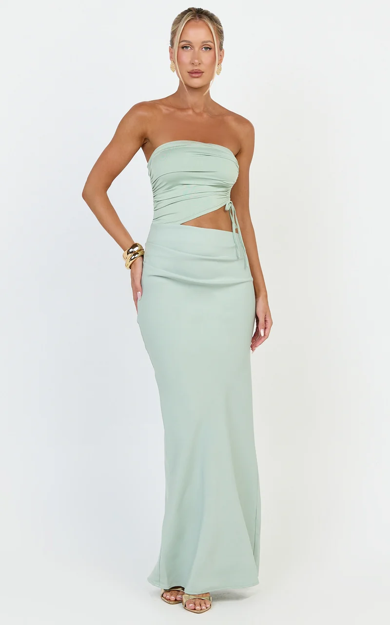 Fergie Maxi Dress - Strapless Side Ruched Cut Out Fitted Dress in Sage