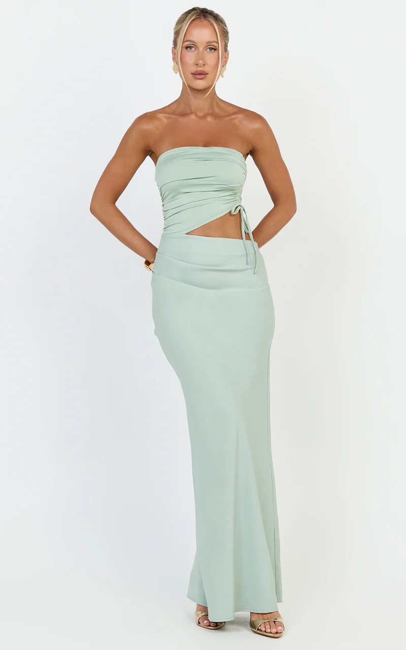 Fergie Maxi Dress - Strapless Side Ruched Cut Out Fitted Dress in Sage