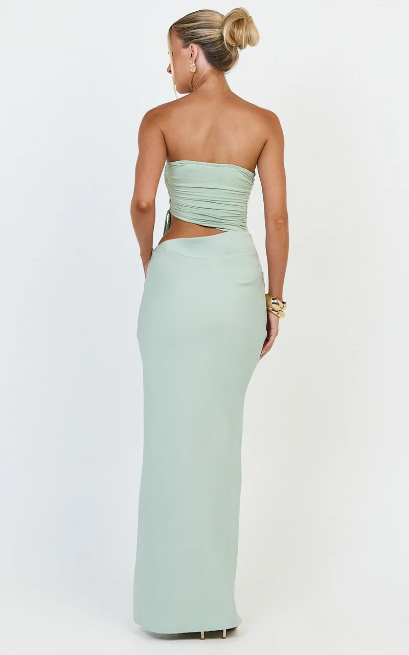 Fergie Maxi Dress - Strapless Side Ruched Cut Out Fitted Dress in Sage