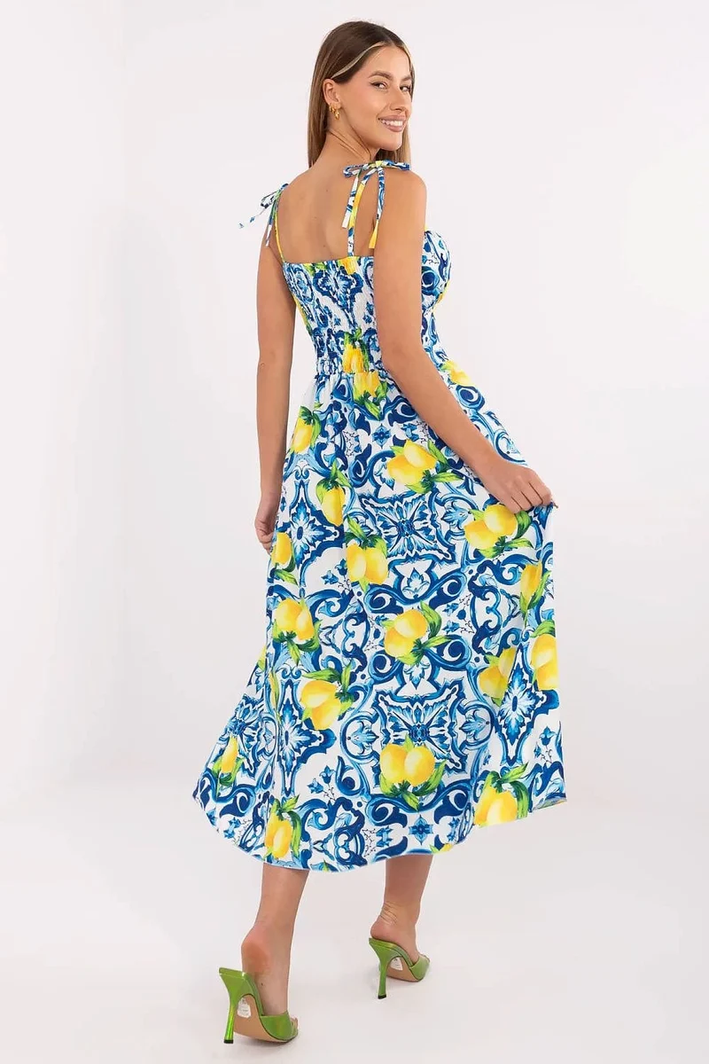 Robe d'été fleurie midi fendue bretelles à nouer