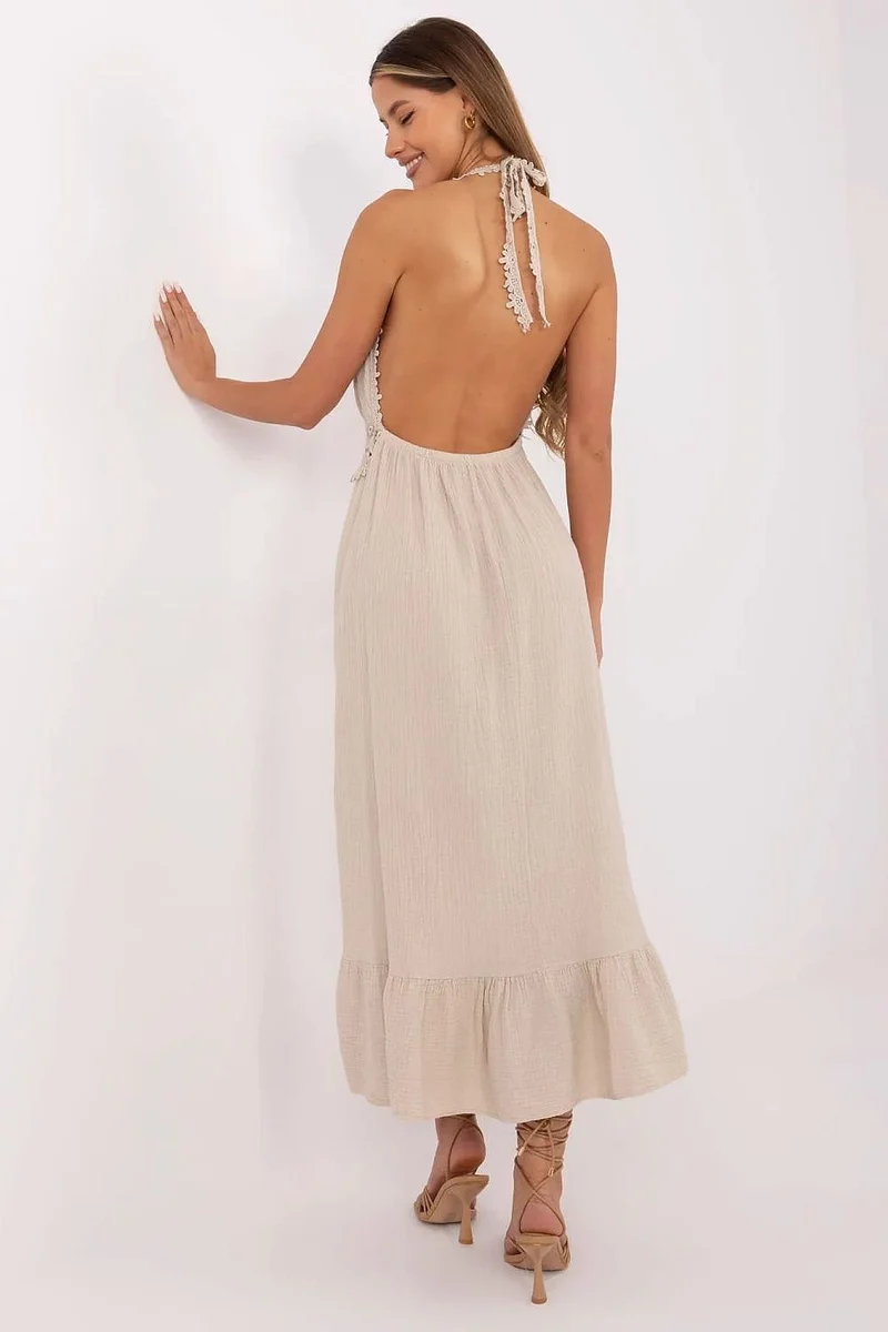 Robe été beige midi en gaze de coton dos nu