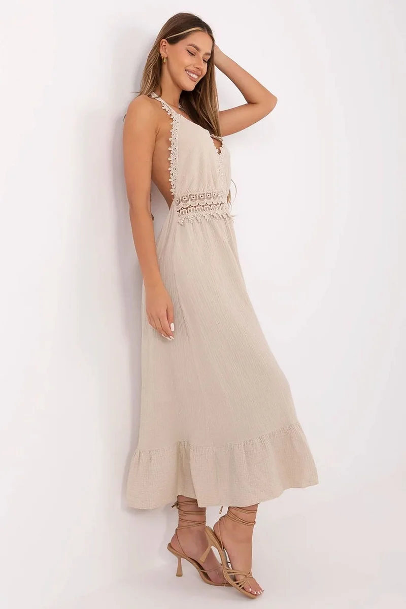 Robe été beige midi en gaze de coton dos nu