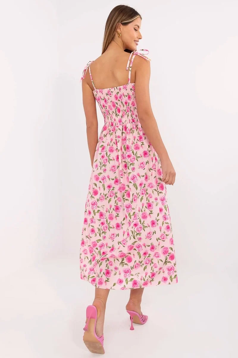 Robe été fleurie rose midi boutonnée