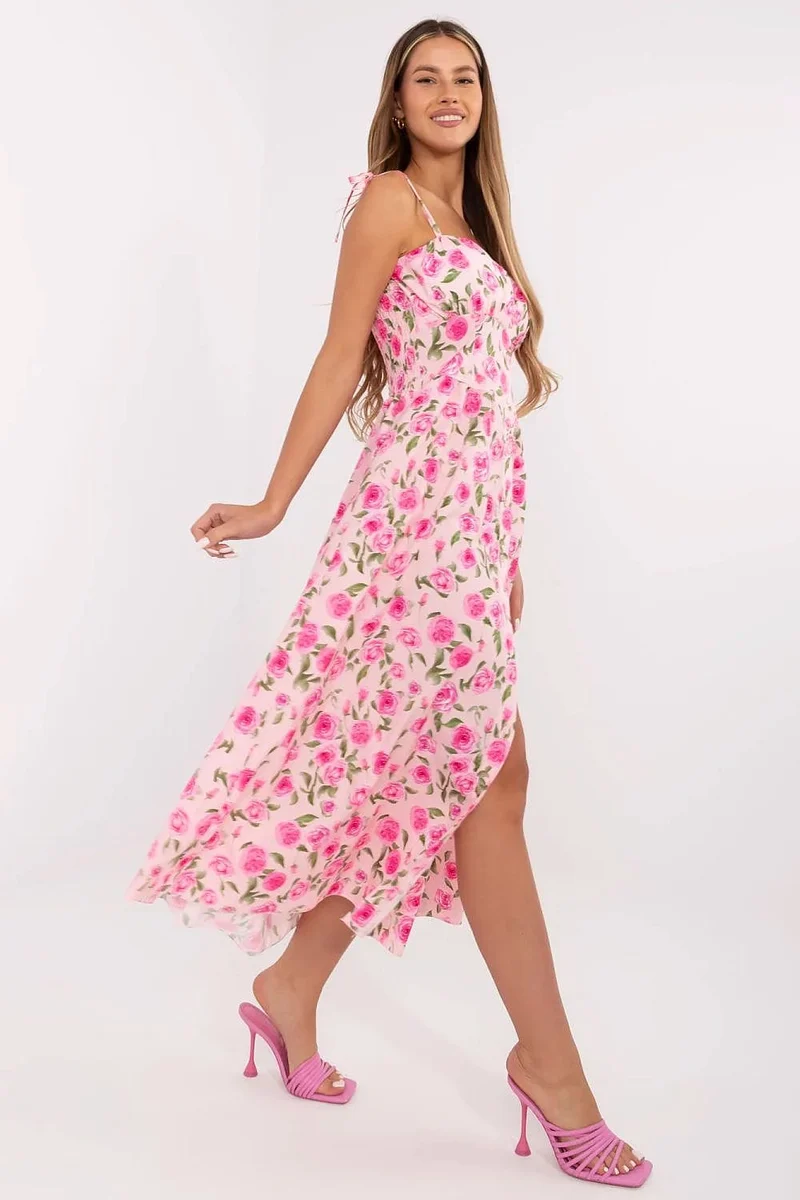 Robe été fleurie rose midi boutonnée