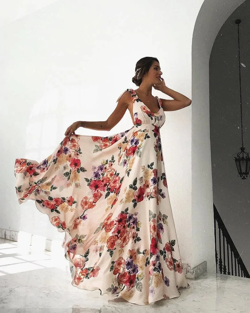 Robe invitée au mariage fleurie longue dos nu