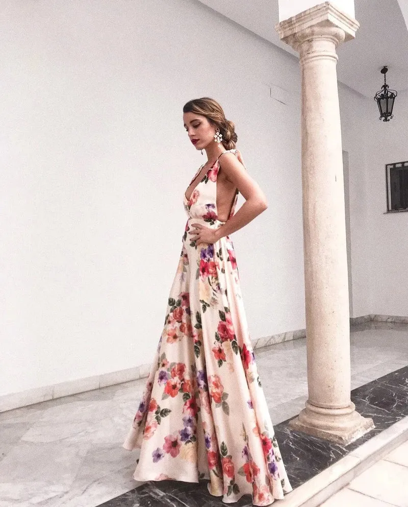 Robe invitée au mariage fleurie longue dos nu