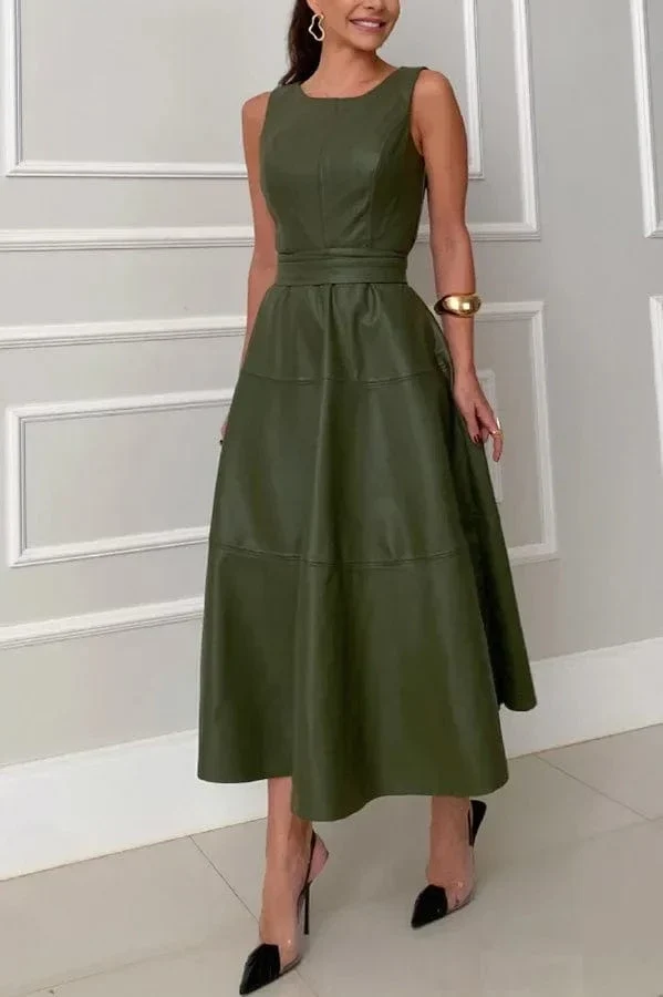Robe habillée verte midi élégante sans manches