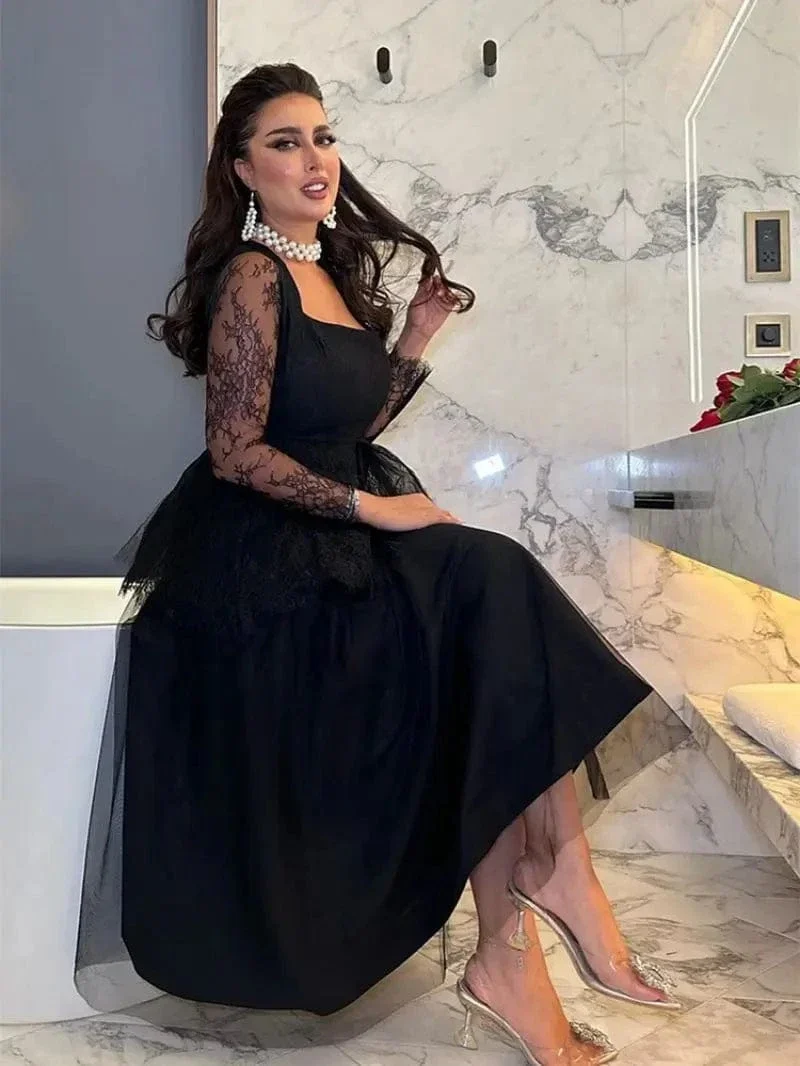 Robe de soirée noire chic midi manches en dentelle