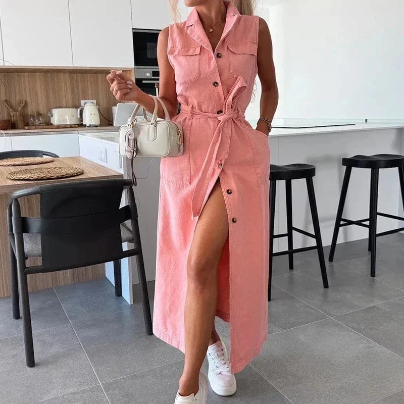 Robe chemise en jean longue sans manches