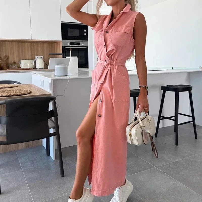Robe chemise en jean longue sans manches