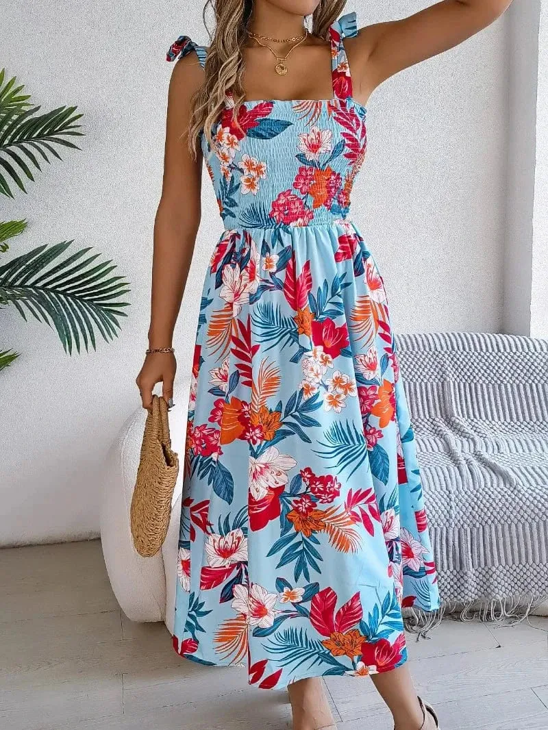Robe d'été fleurie midi à bretelles