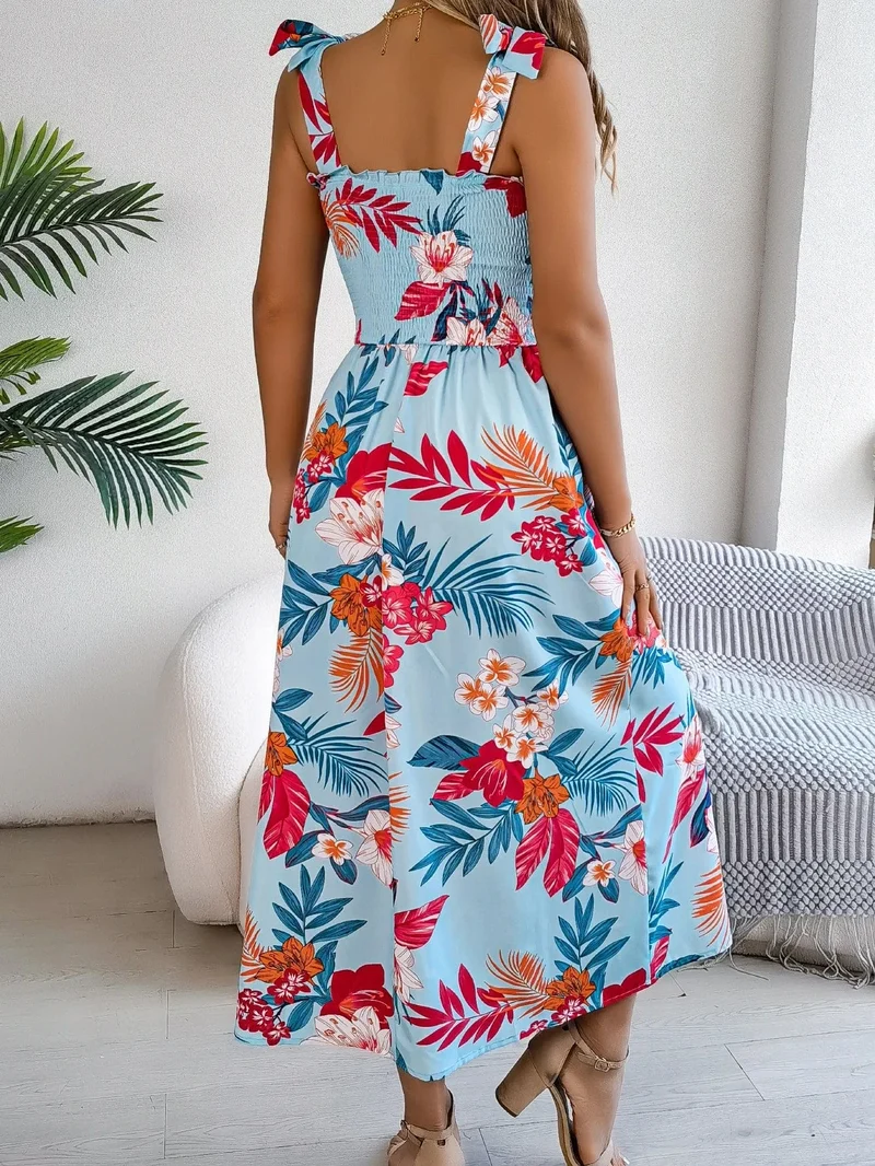 Robe d'été fleurie midi à bretelles
