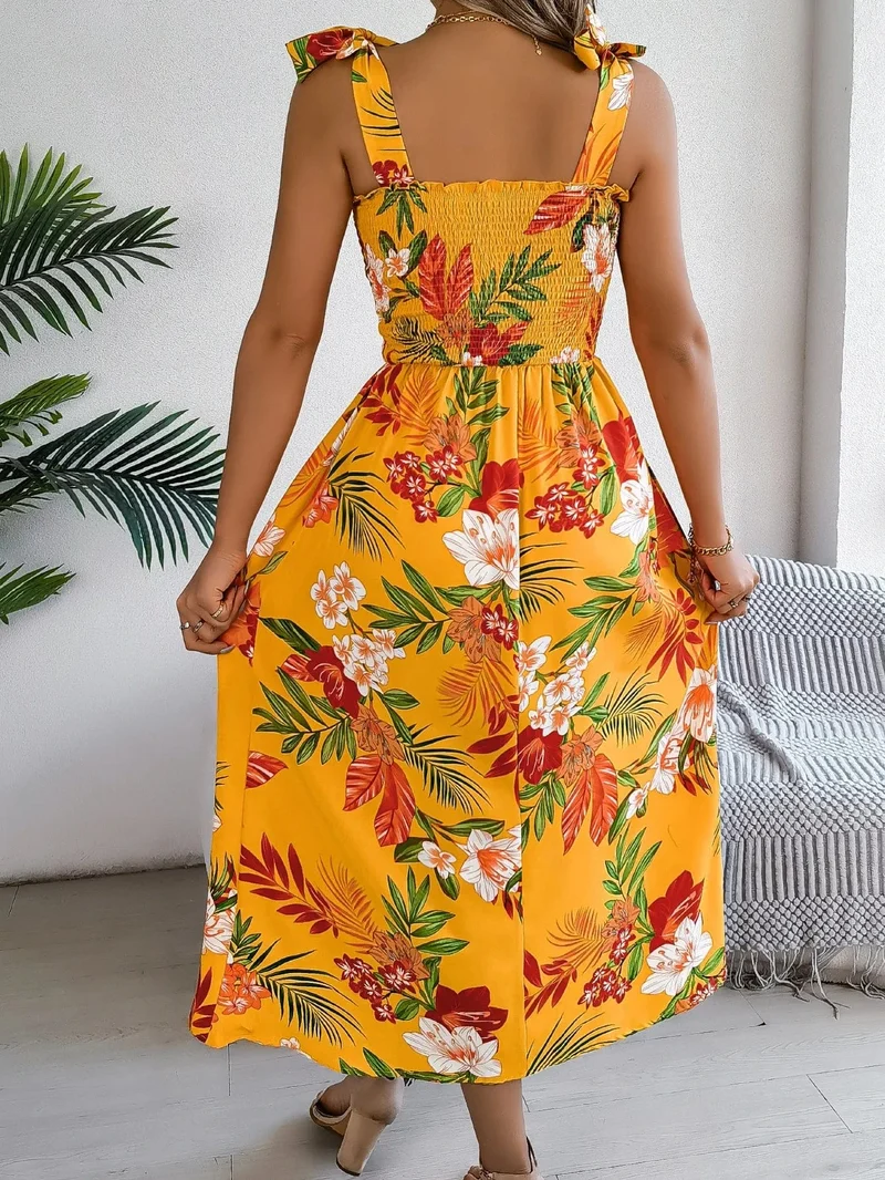 Robe d'été fleurie midi à bretelles