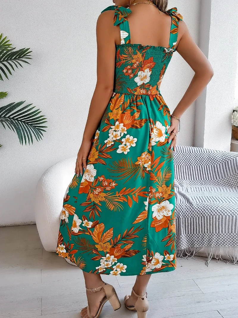 Robe d'été fleurie midi à bretelles