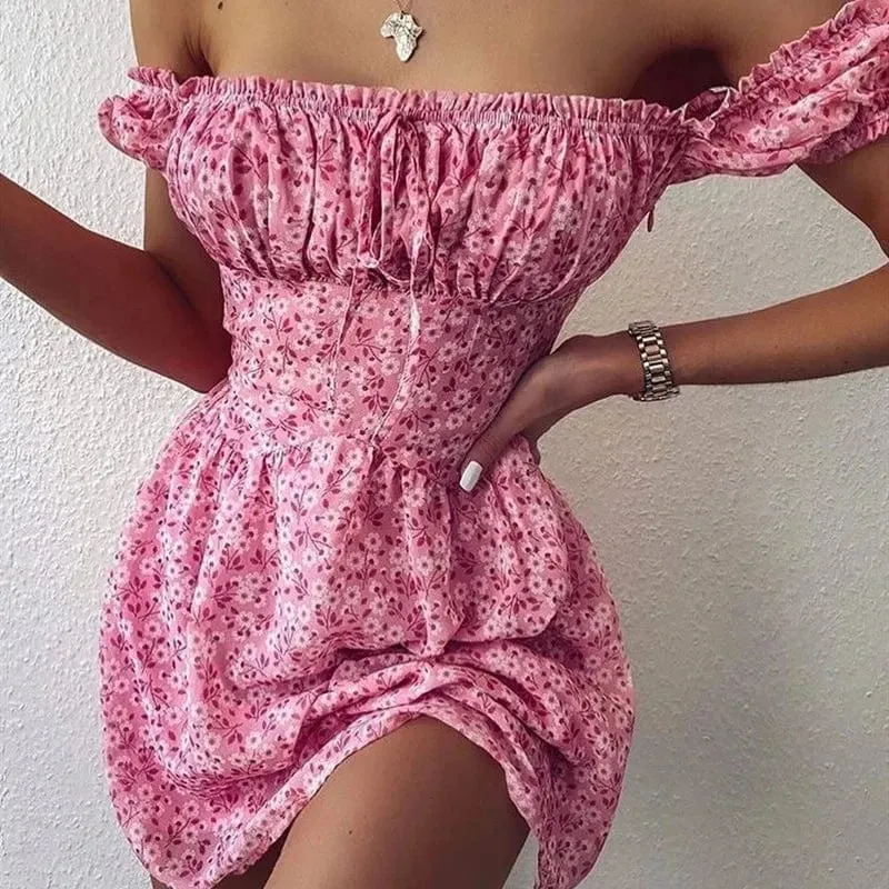 Robe été sexy rose motif fleuris