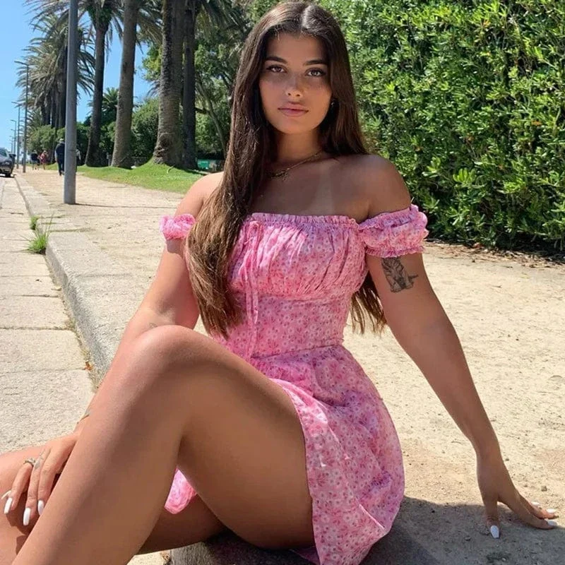 Robe été sexy rose motif fleuris