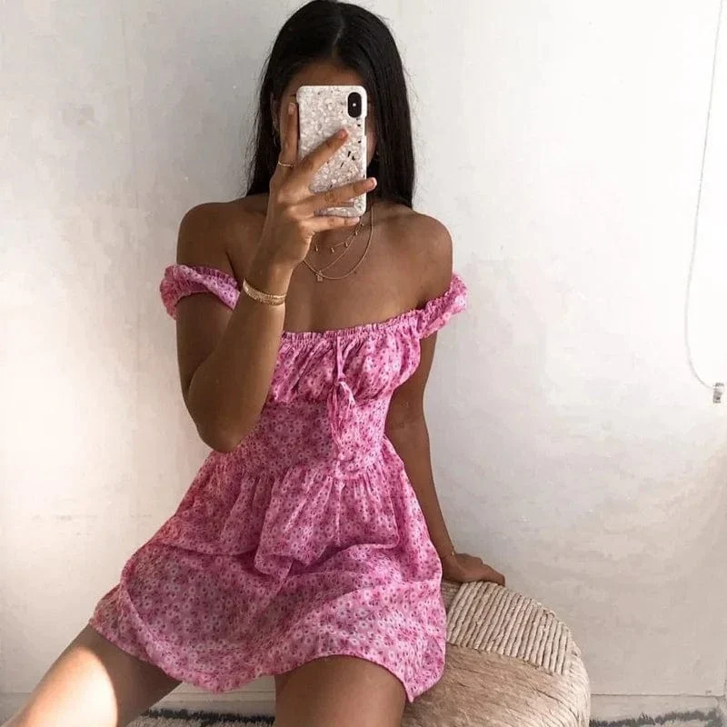 Robe été sexy rose motif fleuris