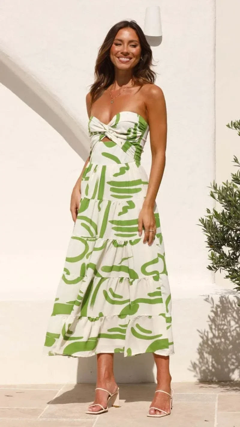 Robe bustier motifs verts midi évasée