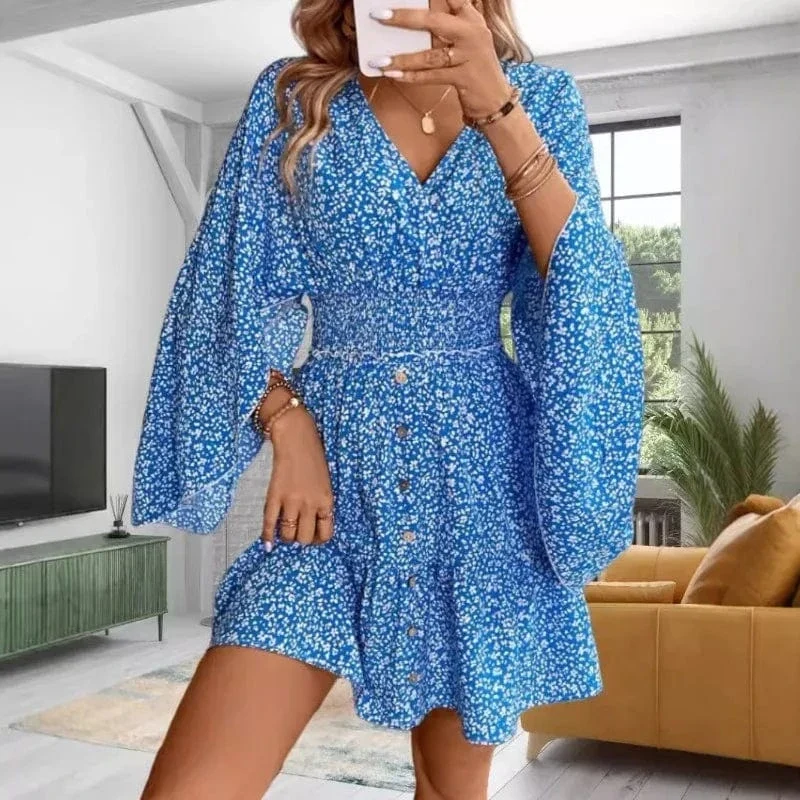 Robe fleurie bohème courte bleue manches longues