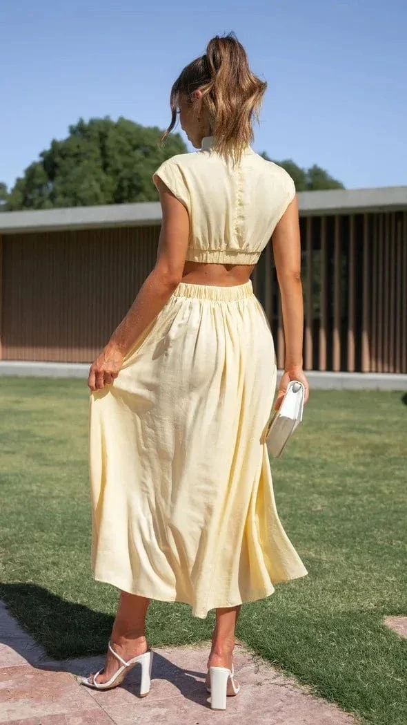 Robe de soirée midi fluide col halter