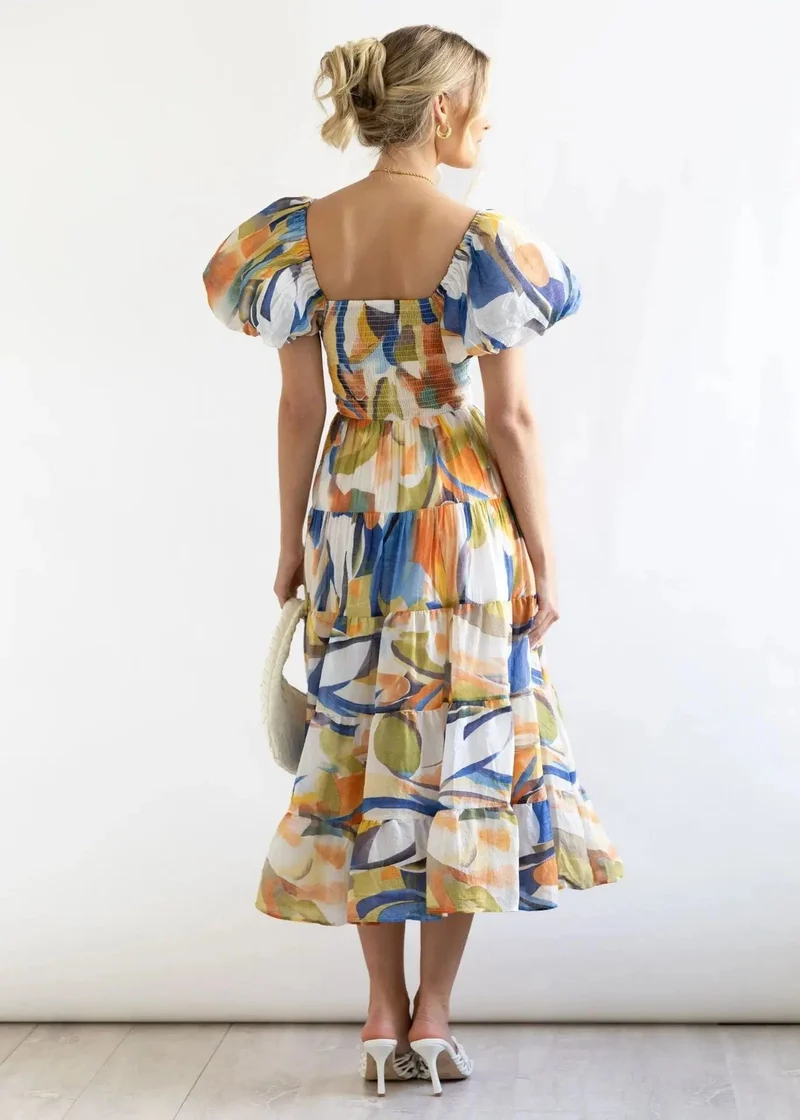Robe fleurie midi épaules dénudées