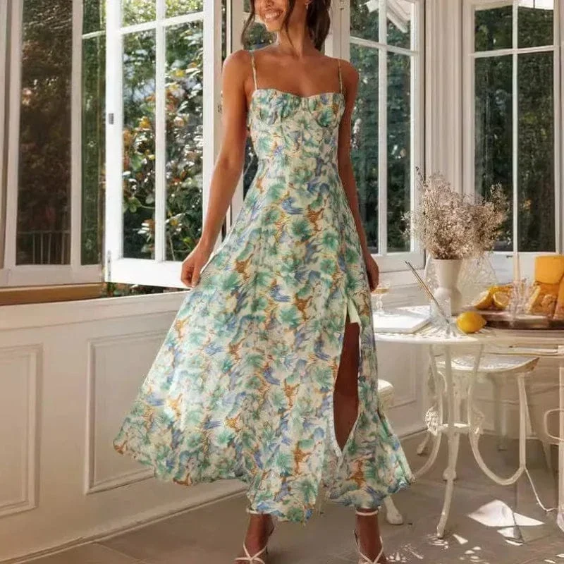 Robe fleurie dos nu fendue fluide