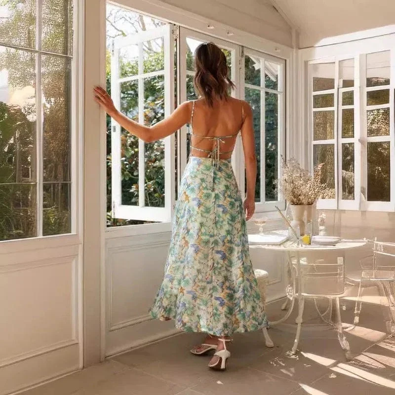 Robe fleurie dos nu fendue fluide