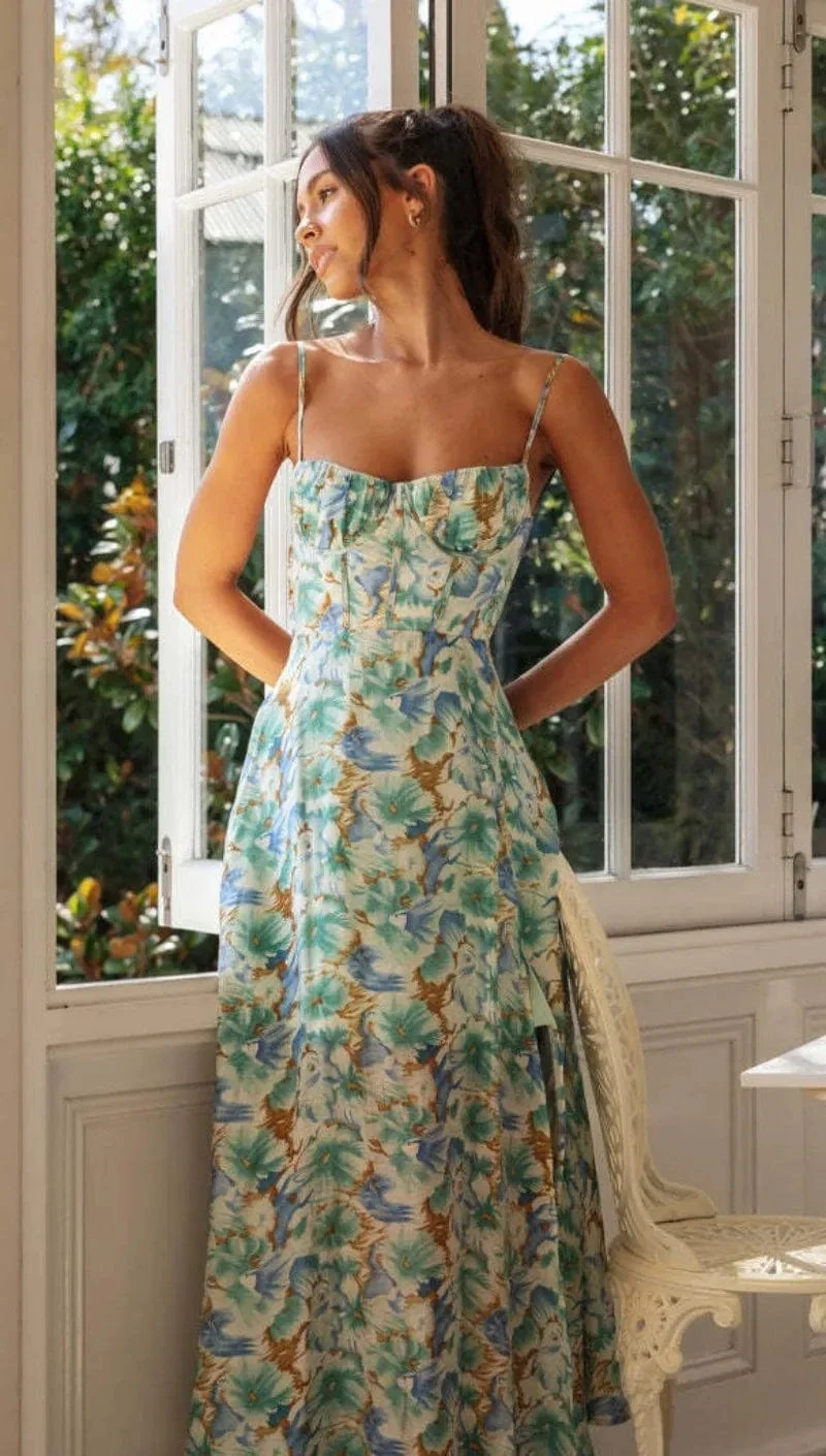 Robe fleurie dos nu fendue fluide