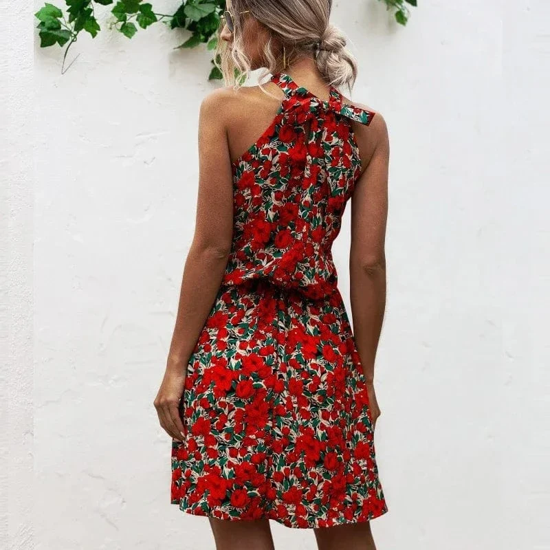 Robe fleurie courte col halter