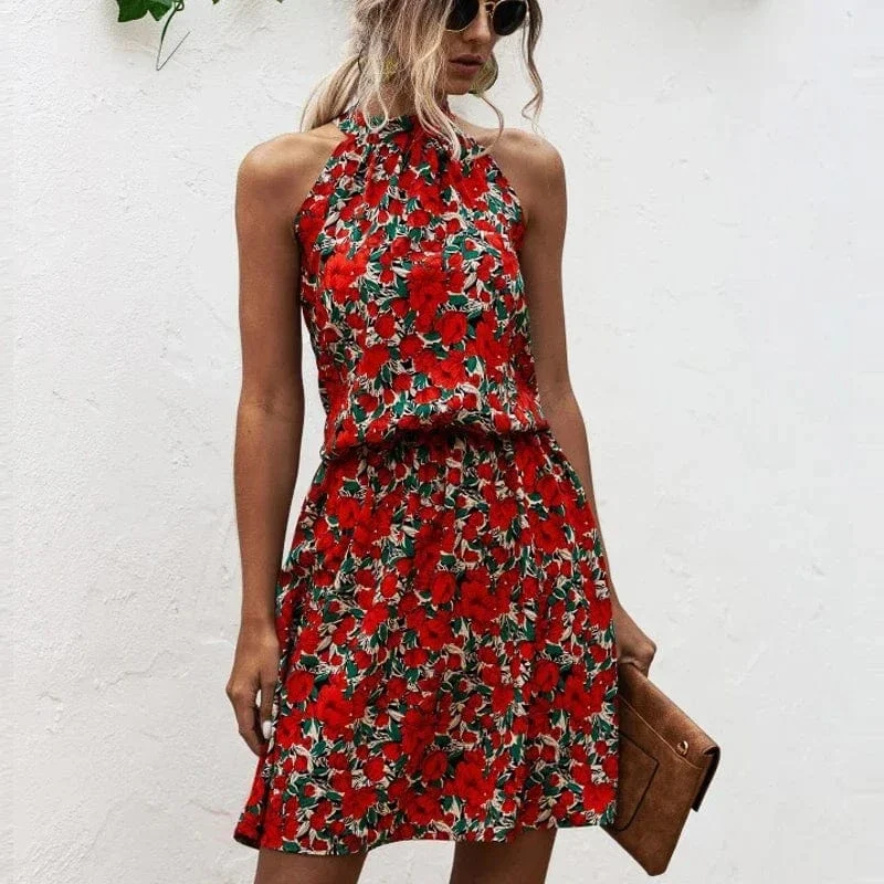 Robe fleurie courte col halter