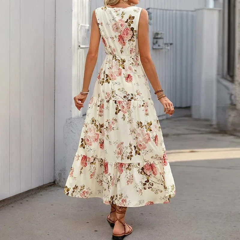 Robe été bohème imprimé floral sans manches