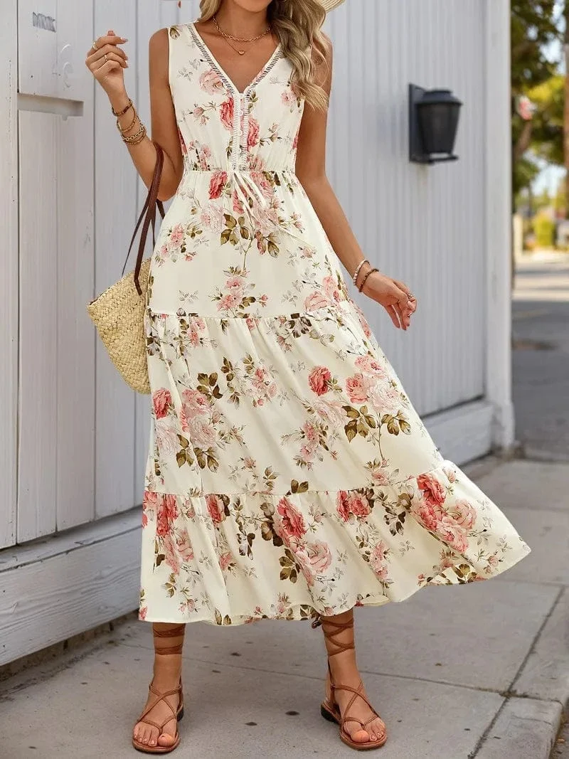 Robe été bohème imprimé floral sans manches