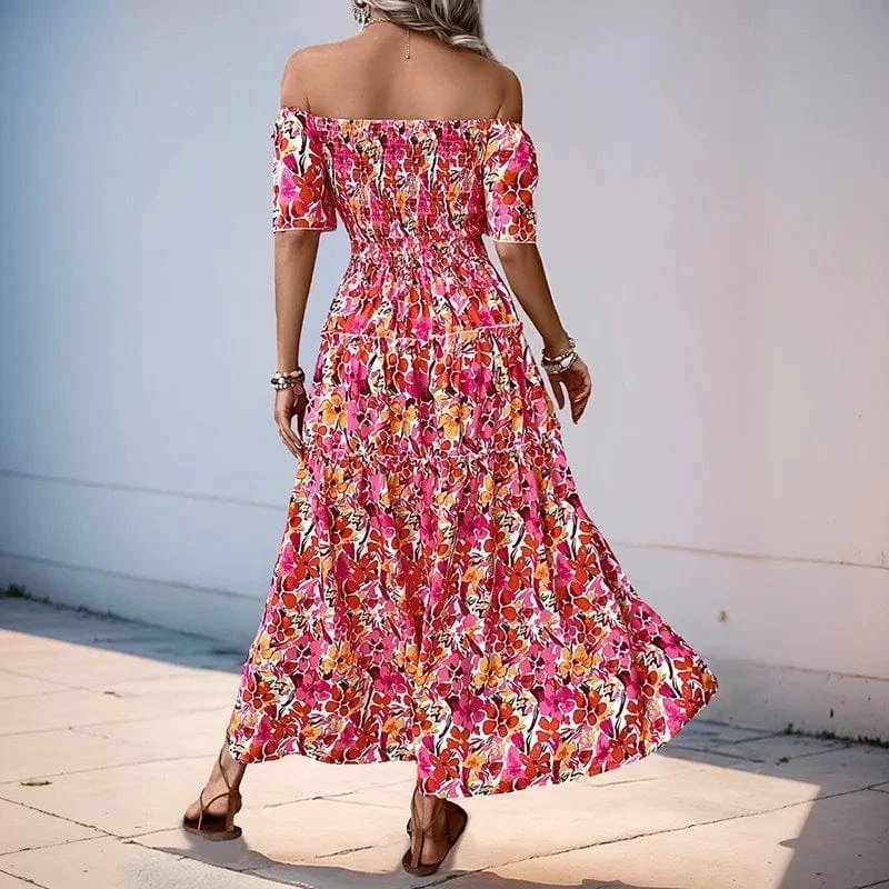 Robe bohème fleurie fendue épaules dénudées