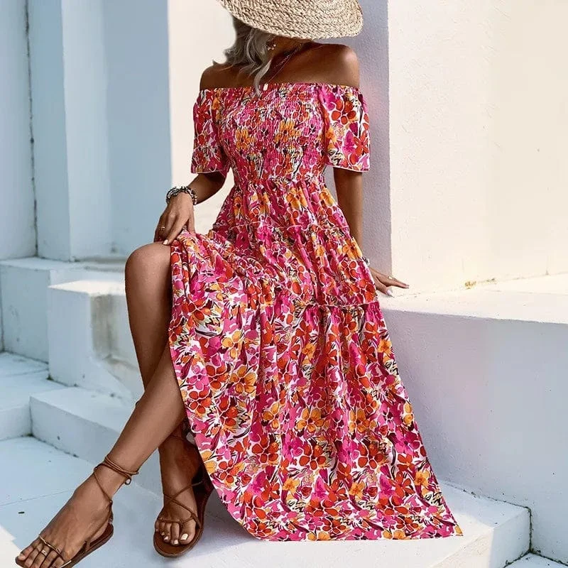Robe bohème fleurie fendue épaules dénudées