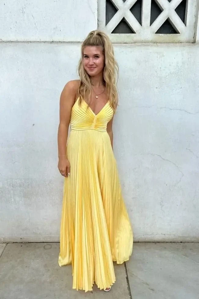 Robe jaune plissée longue à bretelles
