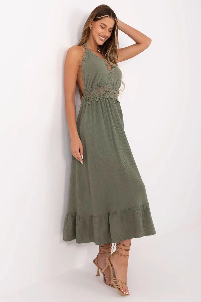 Robe bohème été verte dos nu en gaze de coton