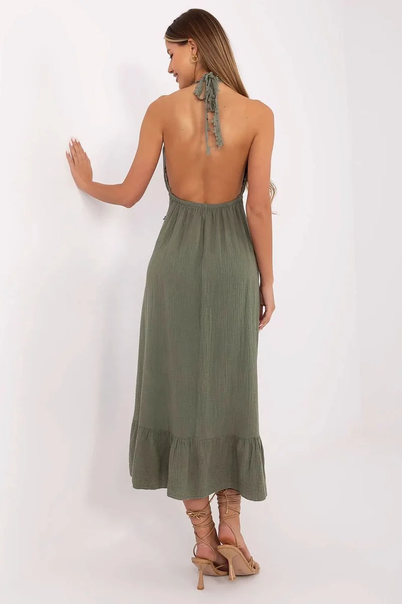 Robe bohème été verte dos nu en gaze de coton