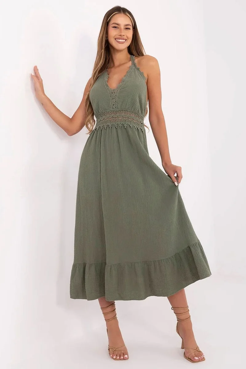 Robe bohème été verte dos nu en gaze de coton