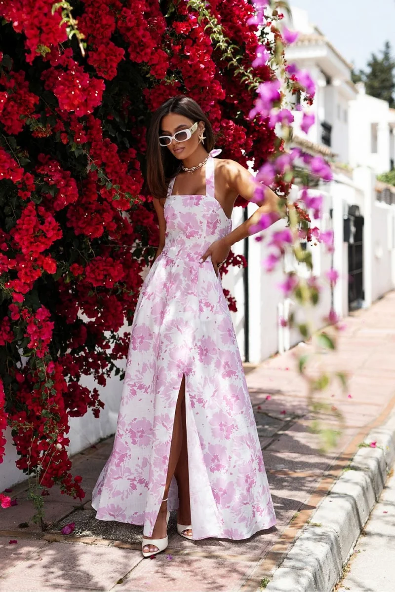 Robe longue fleurie rose fendue été