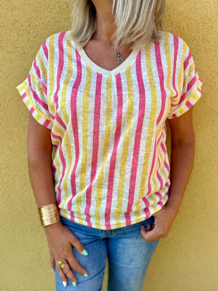 Teeshirt rayé Sofiano jaune et rose