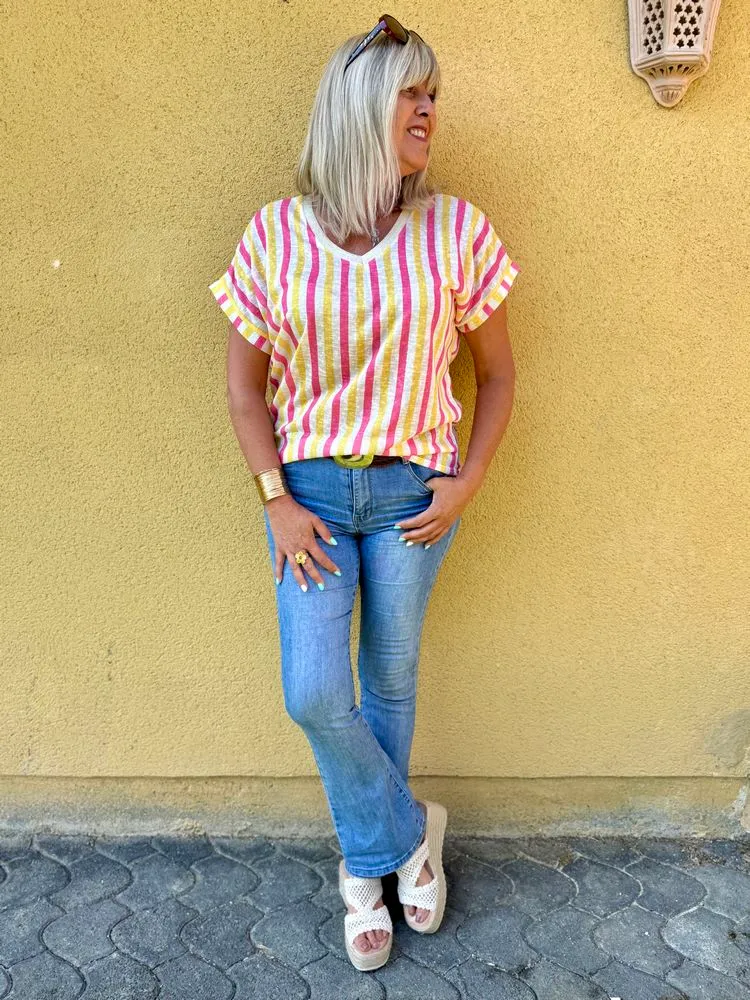 Teeshirt rayé Sofiano jaune et rose