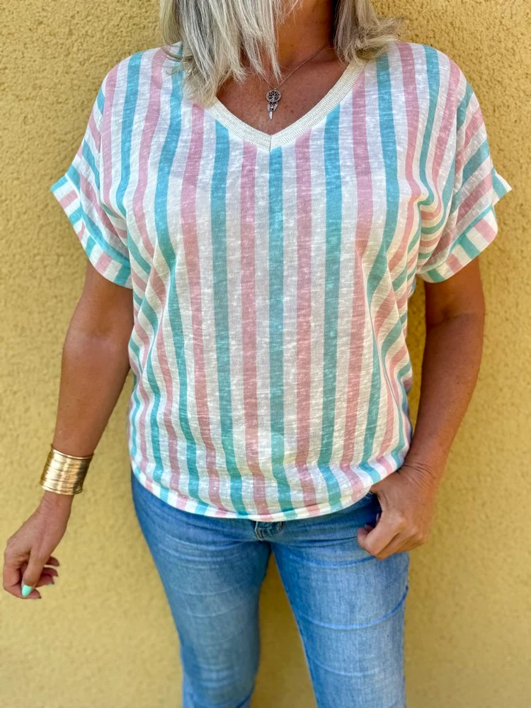 Teeshirt rayé Sofiano vert d'eau et rose